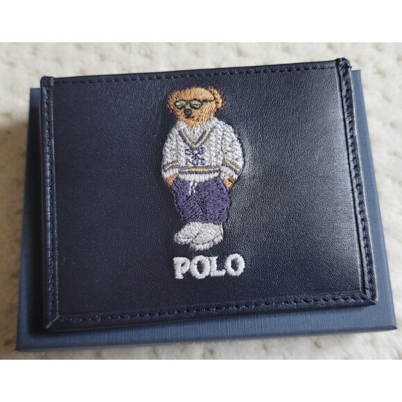 NWT Polo Ralph Lauren Embroidered BEAR Blue Leather Card Case GIFT BOX - Picture 2 of 3